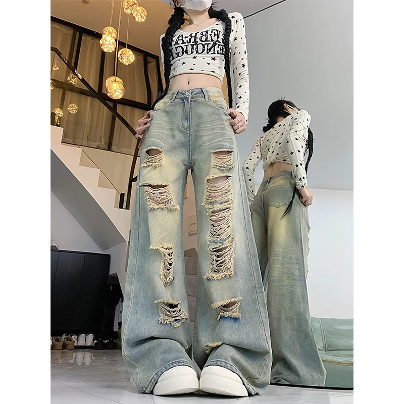 American High Street Women's Denim Jeans Spring Autumn New Style Super Hot Washed Vintage High Waist Draped Fashion Wide Leg ...