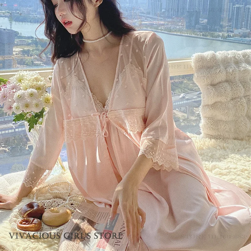 Sexy Female Twinset Robe Set Patchwork Lace Mesh Sleepwear Nightgown French Court Style Women's Home Clothes Loose Nightwear