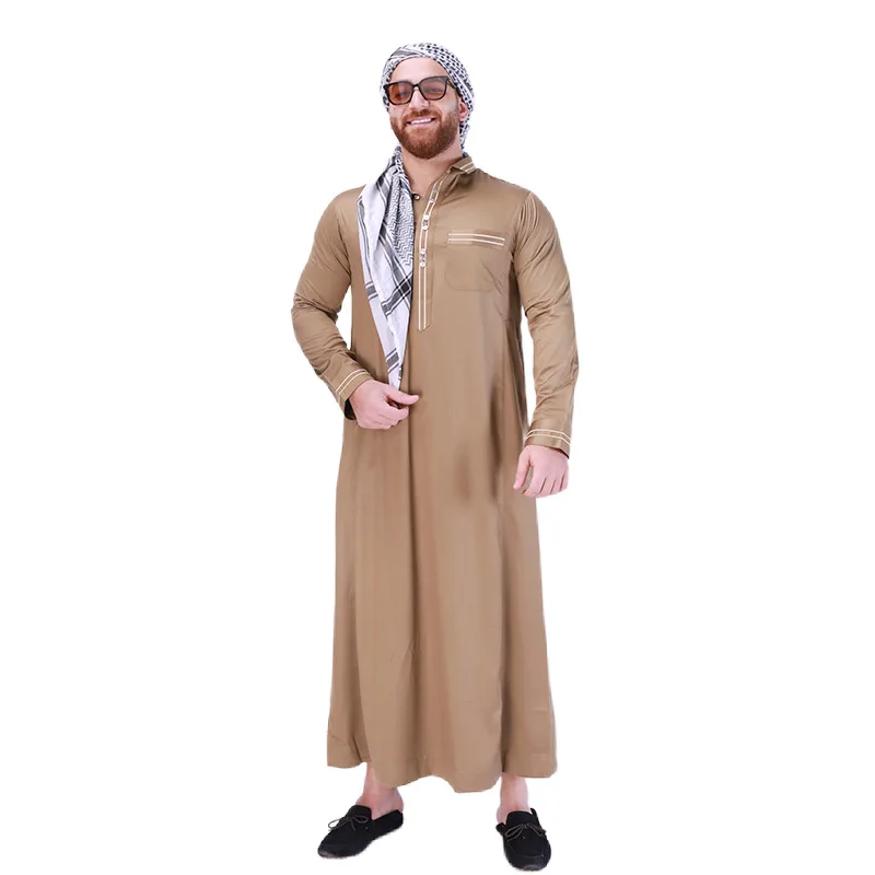 New European and American Muslim Men\'s Robe Abaya Stand Collar Solid Color Middle East Arab Long National Style Men\'s Wear