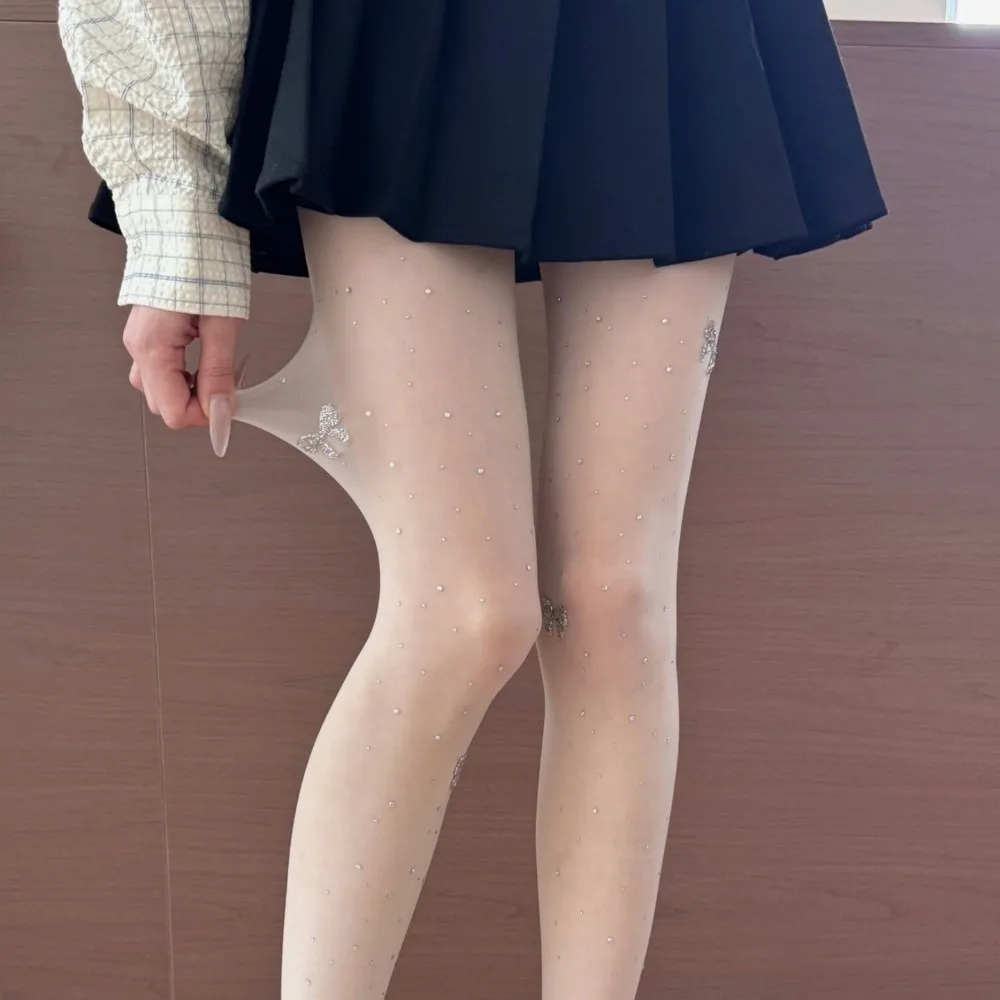 Fashionable Rhinestone Pantyhose Breathable Skinny Fit Silk Stockings High-elastic Comfortable Bow Butterfly Stockings