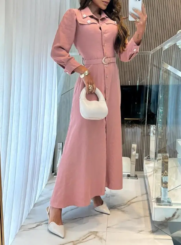 Womens Dresses Pearls Flower Decor Turn-Down Collar Button Down Shirred Back Shirt Dress Casual Flap Detail Work Dress with Belt