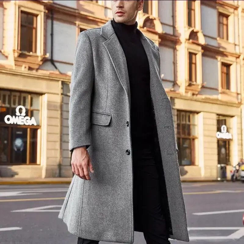 New British Style Men Long Trench Coat Woolen Coat Men\'s Autum Winter Solid Color Warm