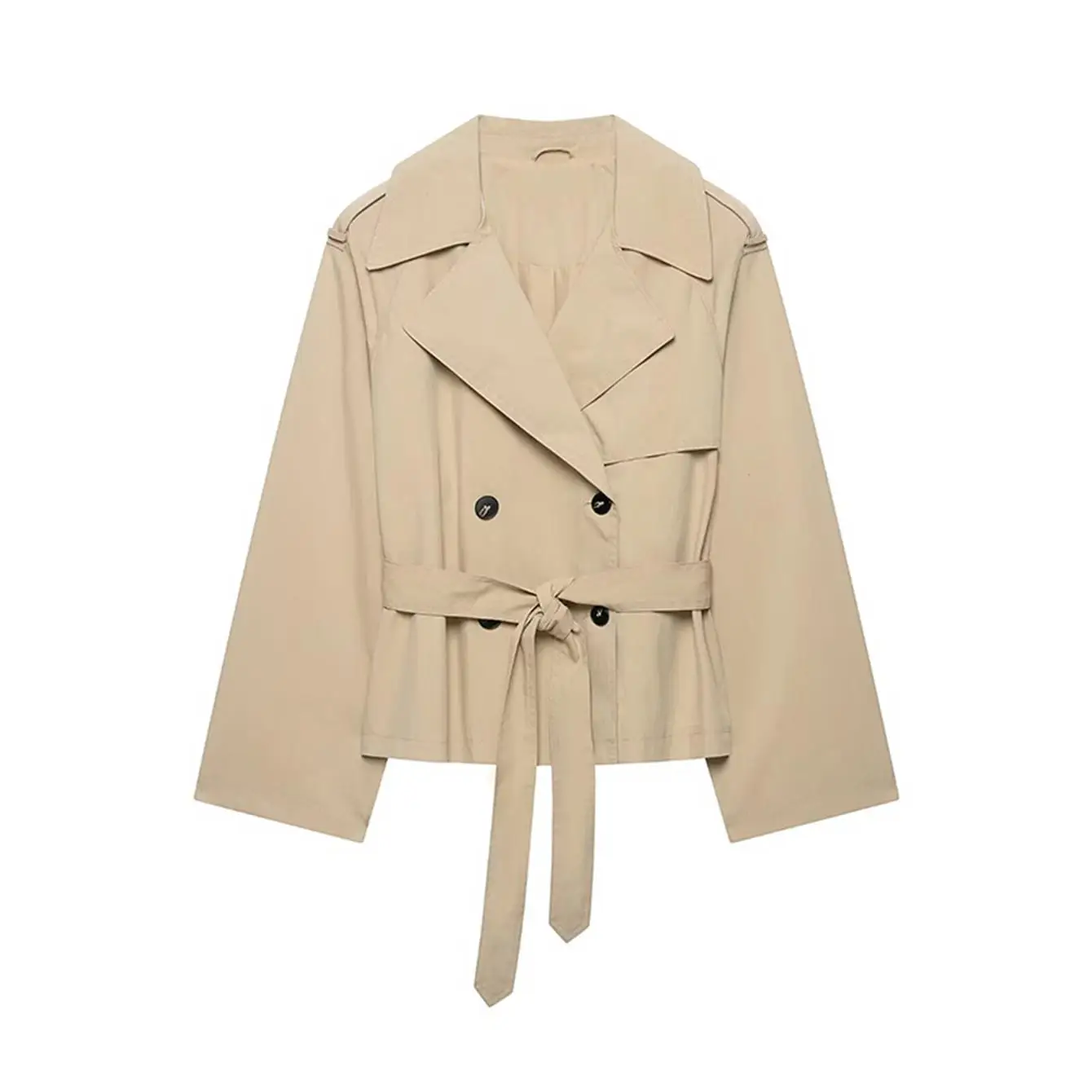 TFMLN Damen Kurzer Trenchcoat Doppelreihig mit Gürtel Kurze Jacke Reverskragen Lässiger Windbreaker Klassische Oberbekleidung Neu – Detail 2