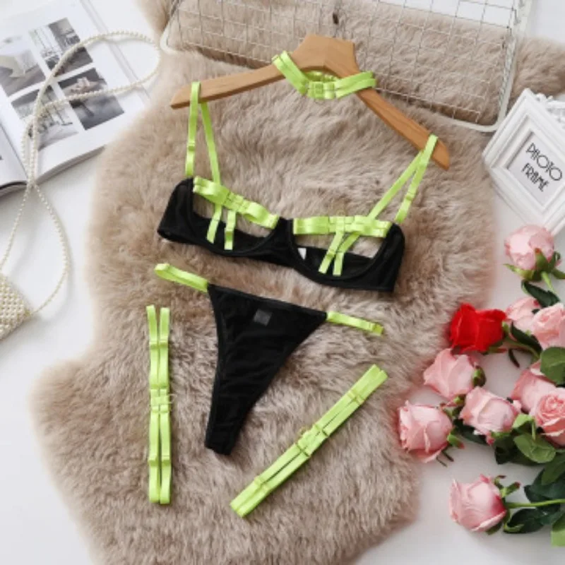 Hot Selling Summer New Double Splicing Strap Hollowed Out Fun Set Cosplay Mujer Sexy  Lingerie Set Sexy Costume Women