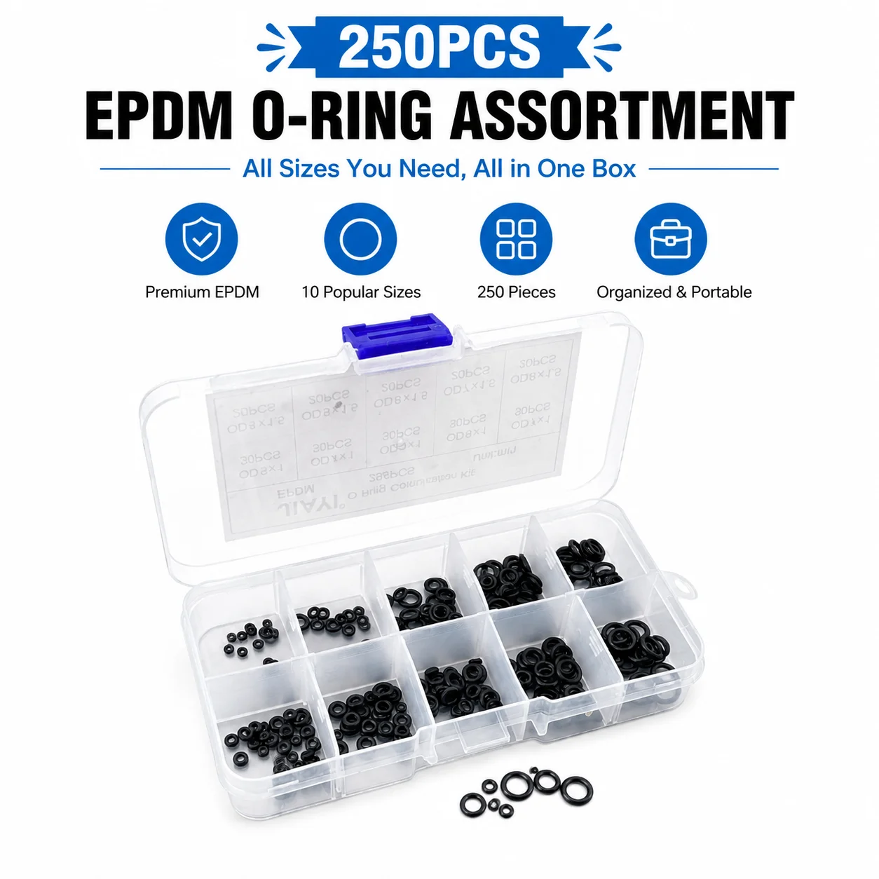 250 Pcs Black EPDM O-Ring Repair Kit CS1/1.5mm OD 3-8mm Cold Heat Resistant For Bathroom Pneumatic Equipment Sealing