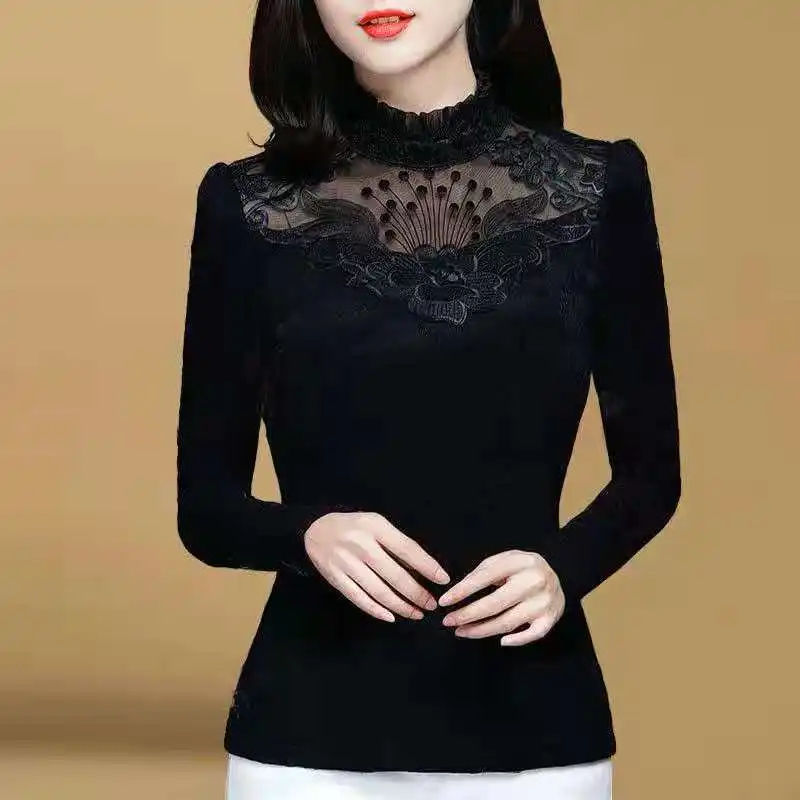 Fashion Printed Spliced Lace Hollow Out Blouses Women's Clothing 2023 Autumn Winter All-match Tops Office Lady Shirts