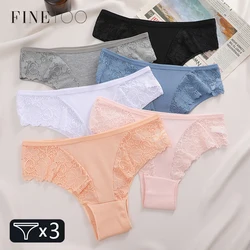 3Pcs Cotton Brazilian Panties Patchwork Lace Underwear for Women Sexy Low Waist Floral G-string Female Striped Thongs Lingerie