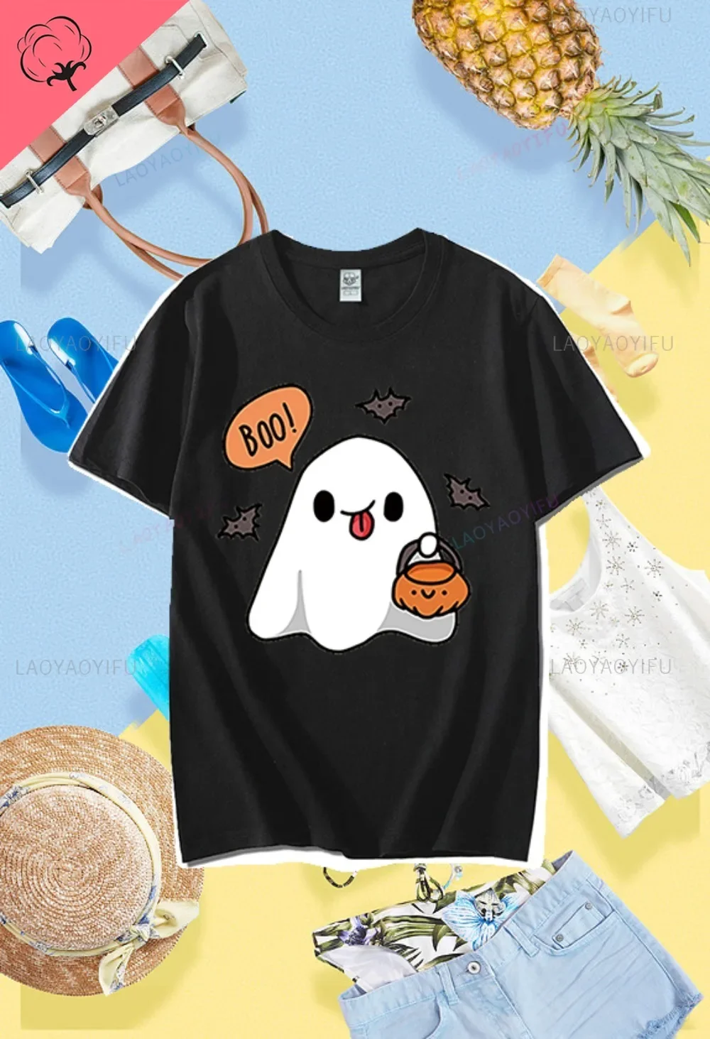 Hallowmas Kawaii Cartoon Ghost Graphic Printed Cotton Couple Clothes Trick or Treat Tshirt Streetwear Fashion Casual Man Tees