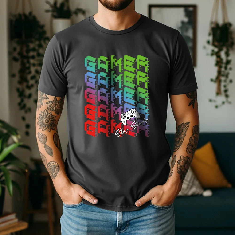 \Mens 100% Cotton Short Sleeve T Shirt Stay Strongly Gamer Retro Pixel Gamepad Graphic Print Breathable Casual Summer Daily Tees