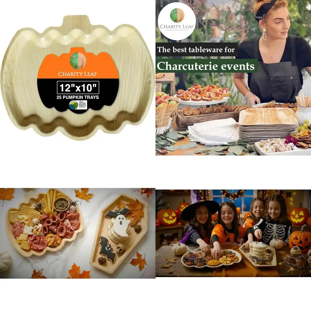 

Charity Leaf Disposable Palm Leaf 12x10 Pumpkin Trays (25 pieces) Bamboo Like Serving Platters, Disposable Boards, Eco-Friendly