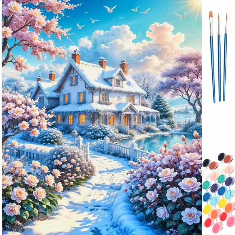 Paint By Numbers Snow House DIY Frameless HandPainted Wall Art Coloring Painting for Living Room Home Decoration Unique Gift