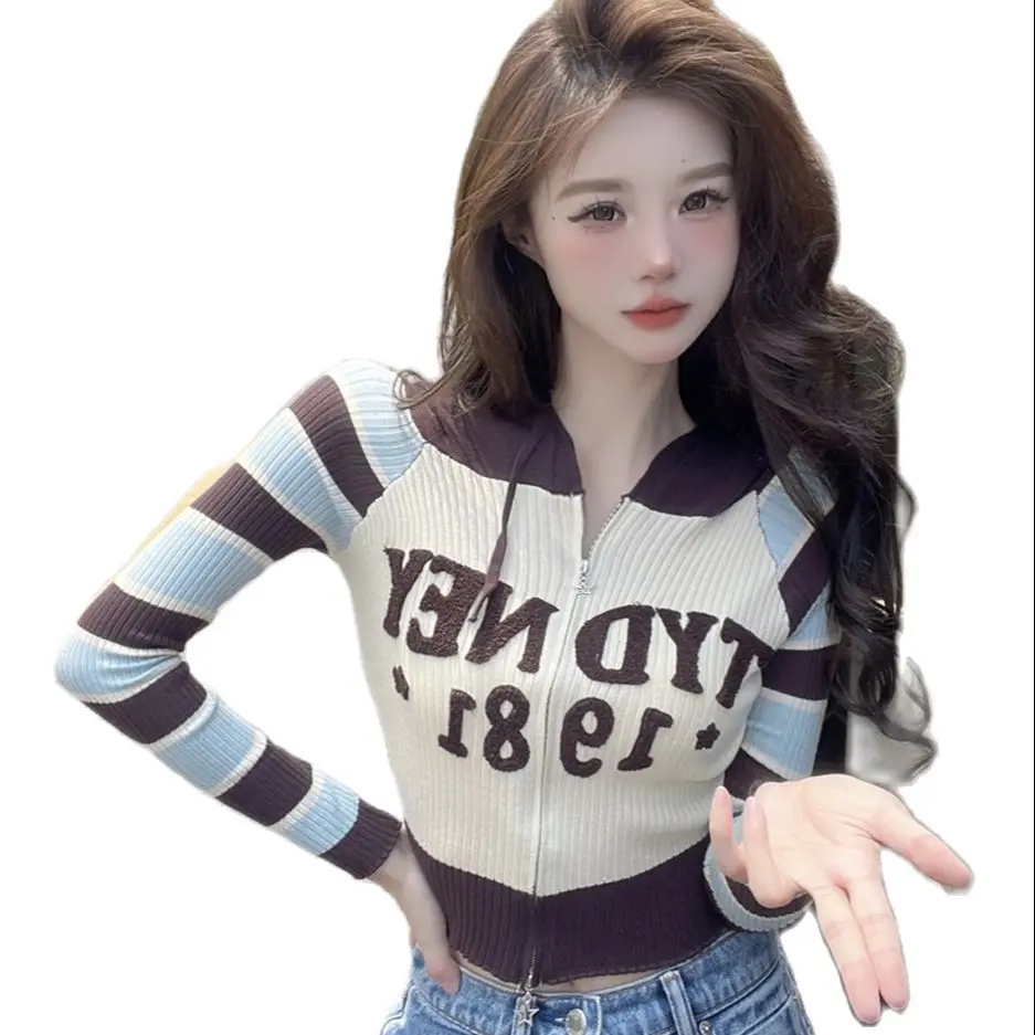 Spring Fall Girls Fashion Sweater Stripe Printing Letters Hooded Cardigan Design Long Sleeves Slim Fit Lady Sweater