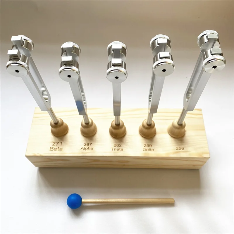 AA08-Brain Tuner 1Set Tuning Fork Set Of 5 For Delta Theta Alpha Beta With Wooden Voice Box For Sound Therapy