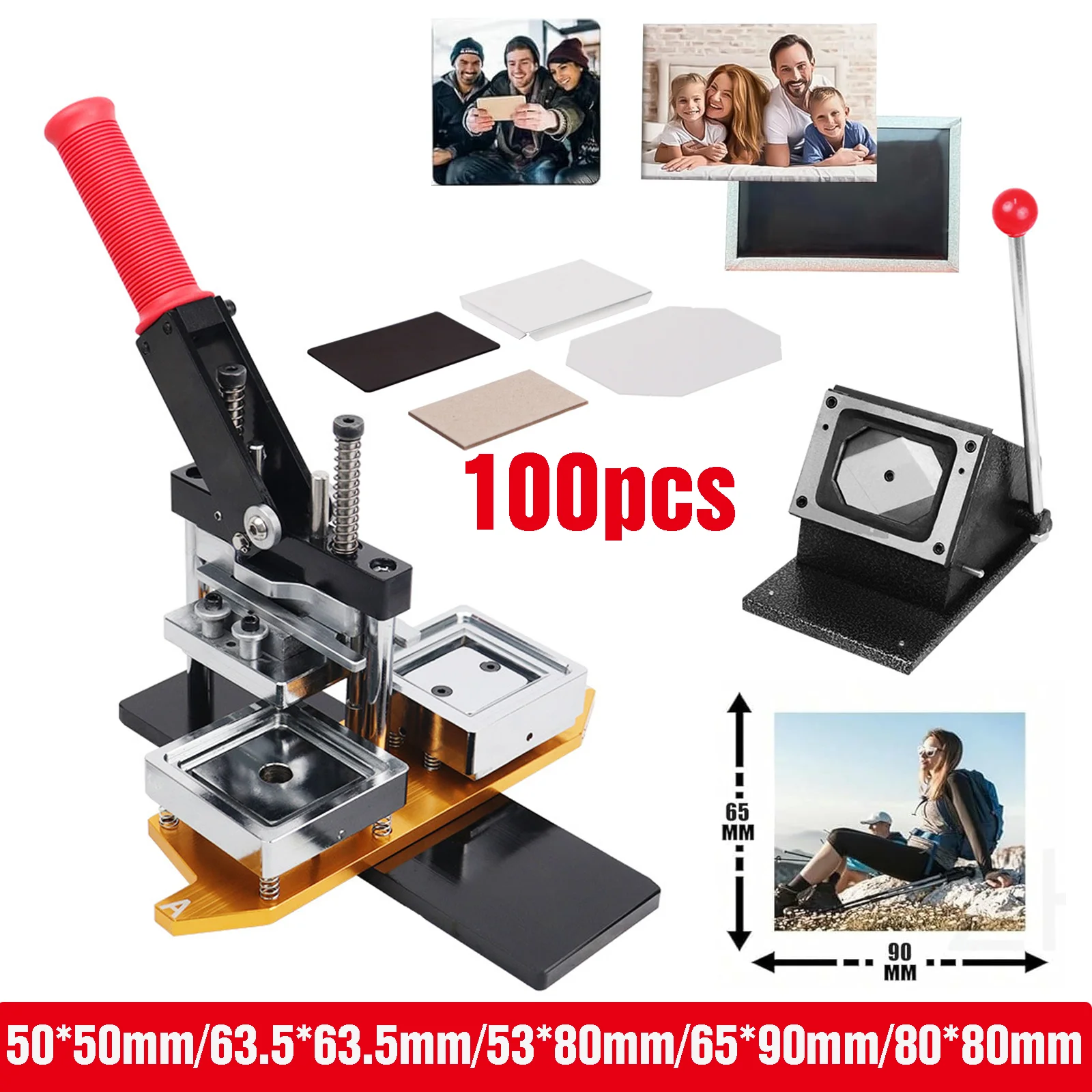 50-80mm Size Fridge Magnet Maker Machine Set Photo Square Refrigerator Badge Press Rotating Making + DIY 100PCS Material Parts