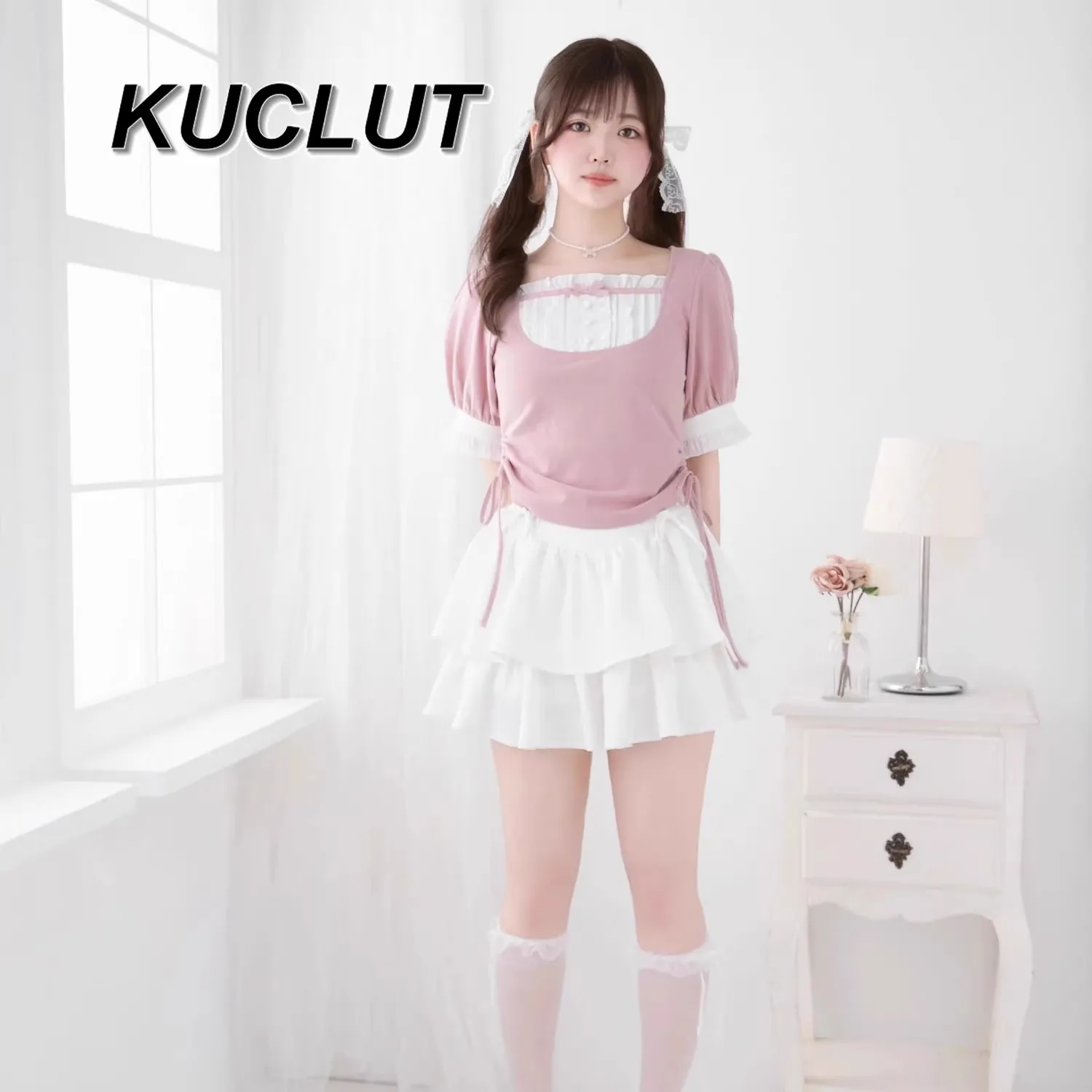 Sweet and Cute Short Sleeve T-Shirt Solid Color Splicing Square Neck Short Top Drawstring Skinny Casual Tees for Women Summer