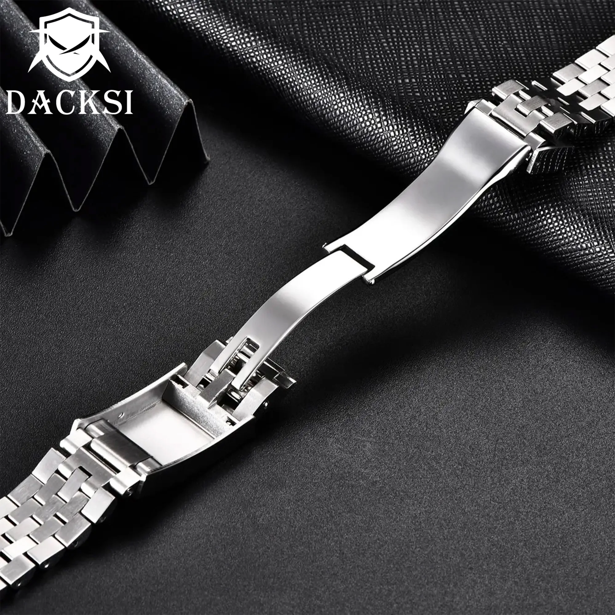 DACKSI Customized 20mm Silver Black Gold Bracelet Slide Glide Lock Clasp 904L Stainless Steel Strap Fit Watch Case Watches Bands