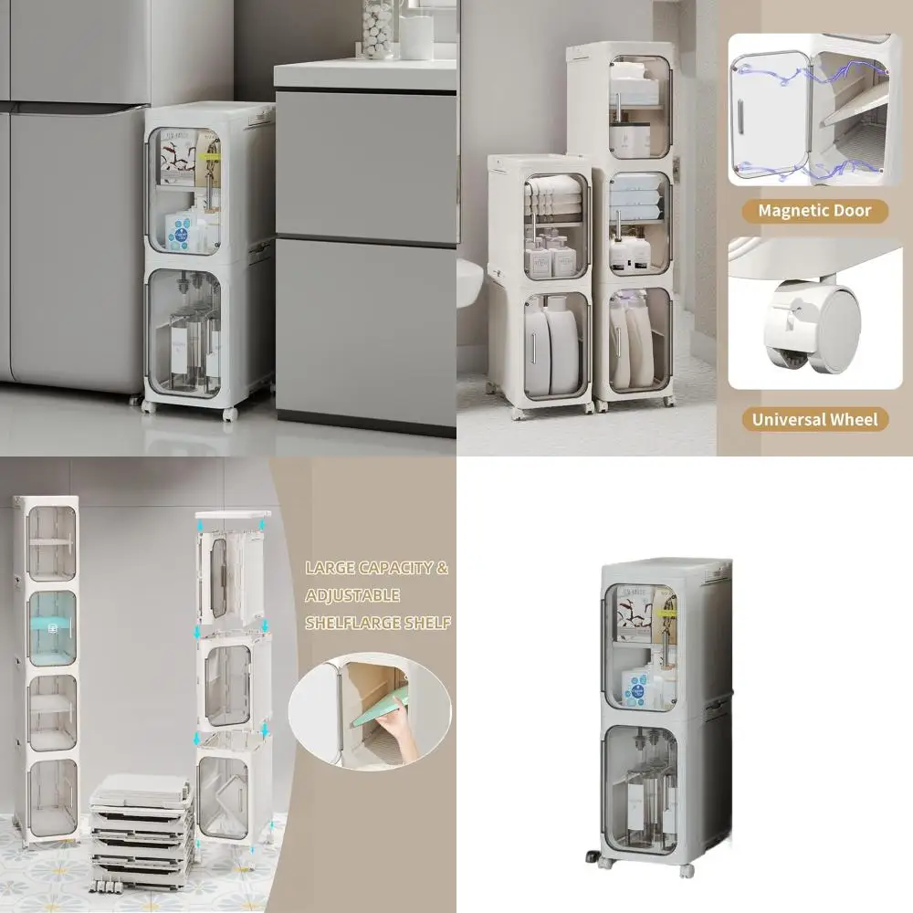 

2-Tier Tall Narrow Storage Cabinet, Slim Bathroom Storage Cabinet with Adjustable Shelves and Wheels, Narrow Organizer for Small