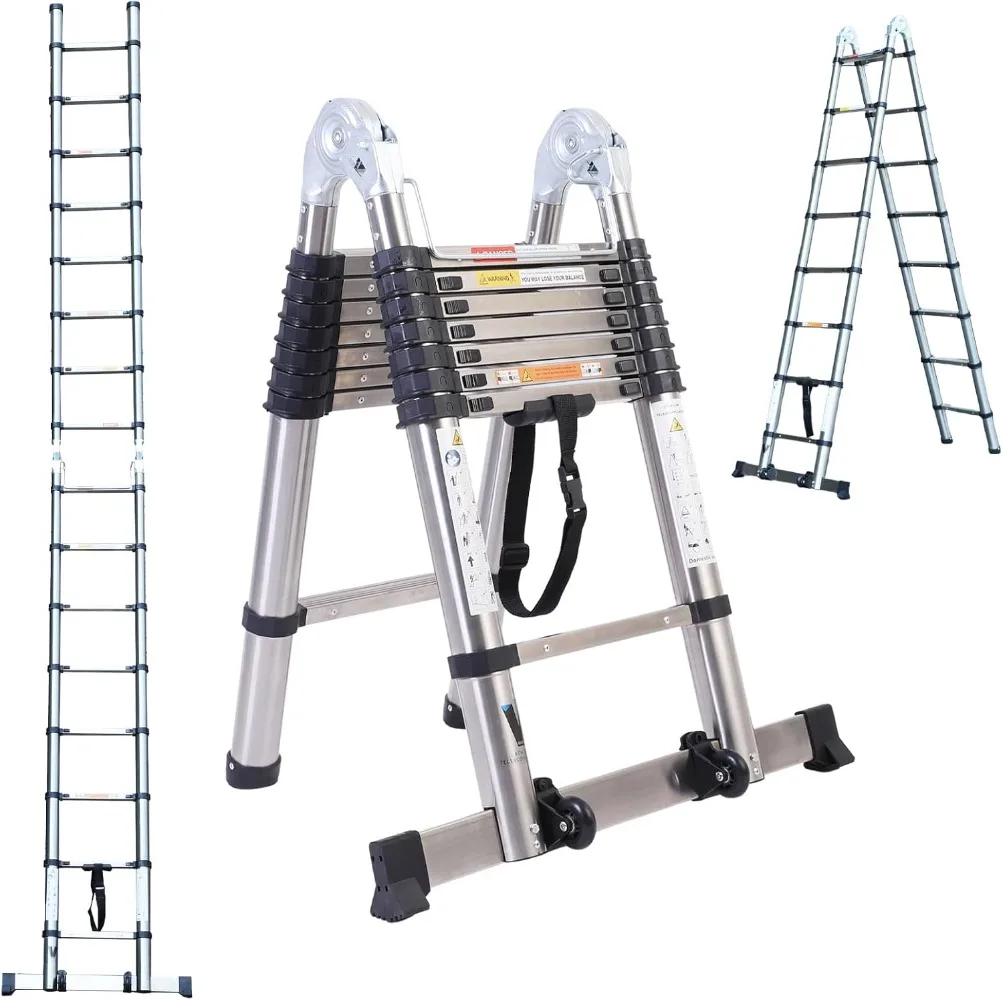 BOWEITI Telescoping Ladder,16.5FT Telescoping A Frame Ladders with Movable Wheel,Household Use Stainless Steel Folding Ladder