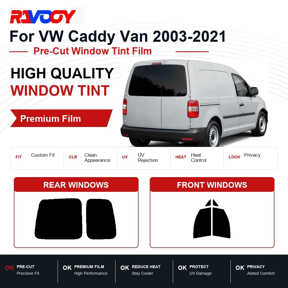 Premium-Fensterfolie für VW Caddy Van 2003-2021, vordere und hintere Fenster, UV-Schutz, Wärmeabweisung, Sichtschutzfolie