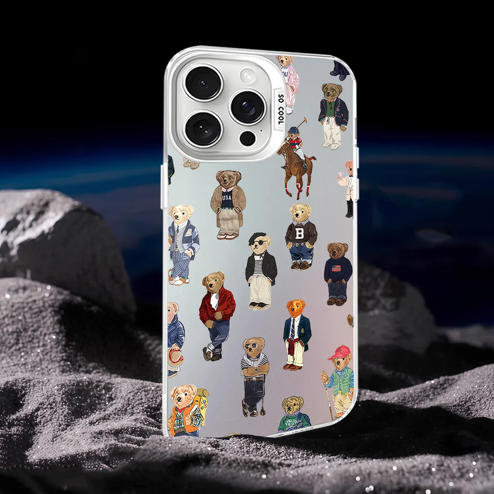 حافظة هاتف P-polo Bear لهاتف آيفون 16 15 14 13 12 11 Pro Max أبيض غير لامع ليزر معدني أورورا فوندا #3