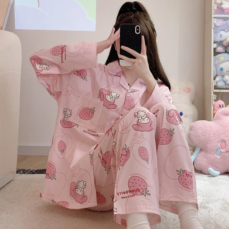 

Anime Cartoon Sanrio Hello Kitty My Melody Women's Pure Cotton Pajamas 2024 Spring and Autumn New Cardigan Fashion Home Wear Set