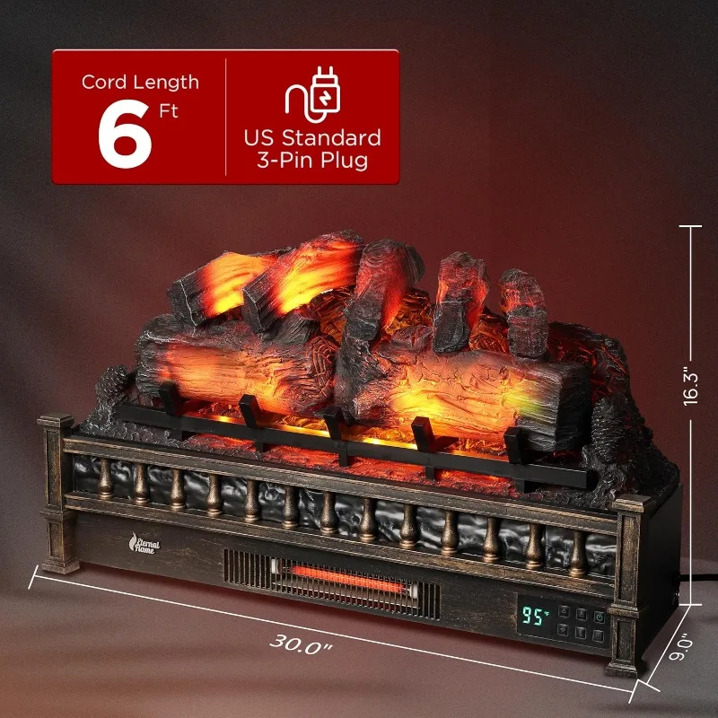 Infrarot-Quarz-elektrischer Kamin-Holzheizung mit Klang, knisternd, realistische Kiefernholzscheite, einstellbare Flammenfarben, 1500 W, Bronze