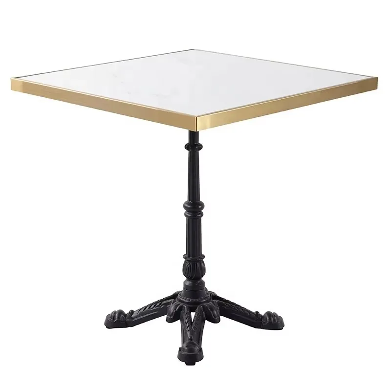 Luxury Gold Stain Steel Patio Restaurant Furniture Outdoor Garden Cafe Sintered Stone Top Square Table