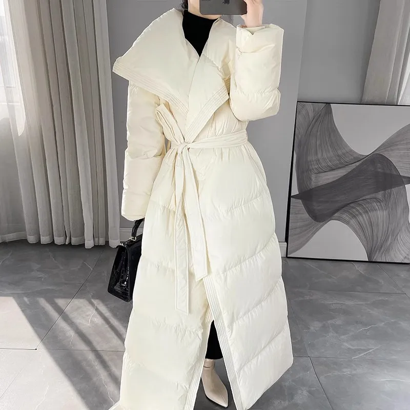 2024Winter New Female Thicken Extra Long White Duck Down Coat Fashion Temperament Women\'s Style Slim Down Parker Coat With Belt