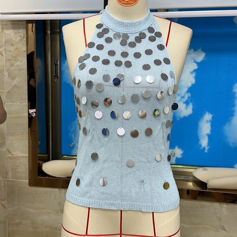 Y2K Women's Halter Neck Sleeveless Tank Top Shiny Sequins Open Back Slim Fit Going out Party Top