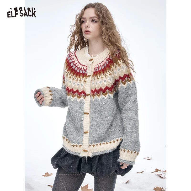 

ELFSACK 2025 Winter New Arrivals Christmas Casual Party Striped Toggle Round Neck Sweater For Women