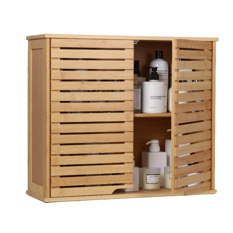 

Bathroom Wall Cabinet 2 Doors Bamboo Hanging Storage Organizer for Clothing for Kitchen Living Room Over-Toilet Medicine
