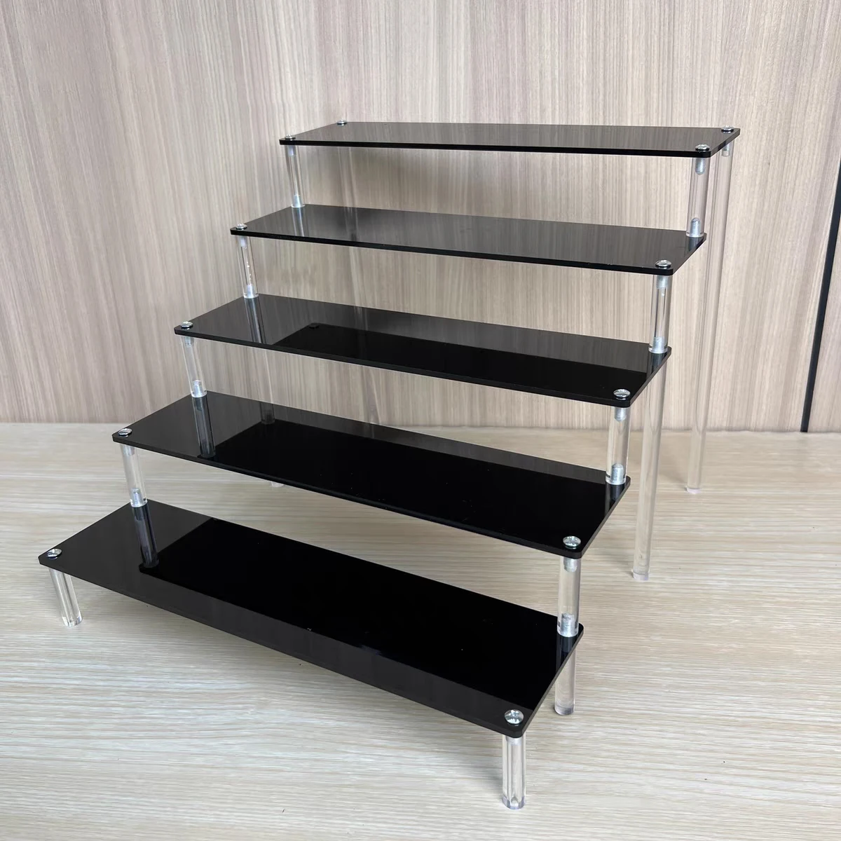 Black Acrylic Display Stand With Clear Acrylic Pillar for Collections, 1-5 Tier Storage Shelf for Cupcake, Car Model and Toy