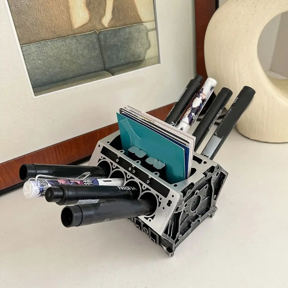 Resin Engine Shape Business Card Holder Large Capacity Decorative Business Card Bracket Black Engine Block Desk Organizer