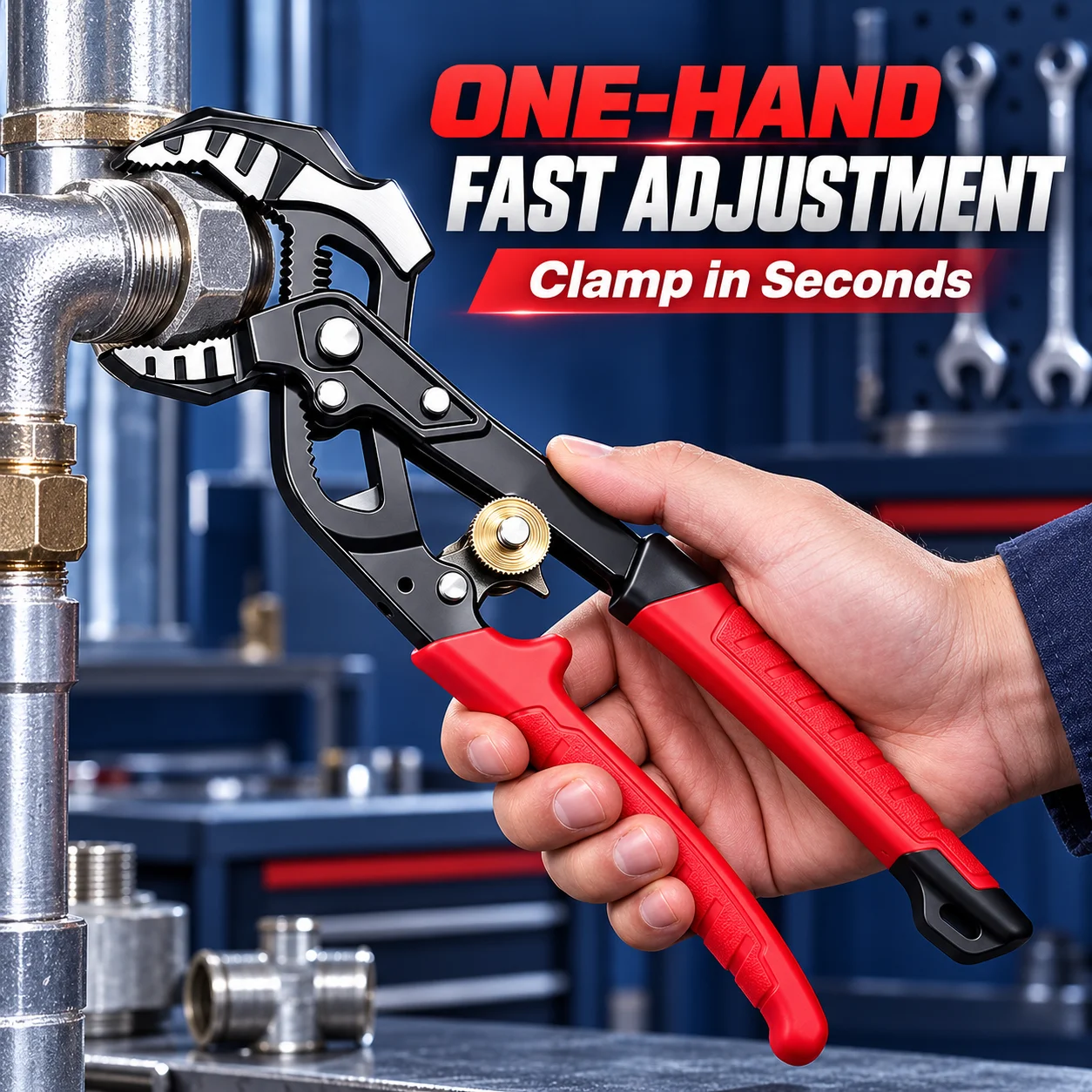 8 Inch Self Adjusting Water Pump Pliers One Hand Quick Lock Pipe Wrench 50mm Wide Jaw Non Slip Grip for Plumbing Auto Repair