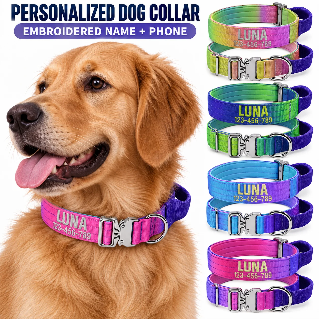 Personalized embroidery dog collargradual change thickened wide collarmetal quick release buckle, D-ring, explosion-proof punch