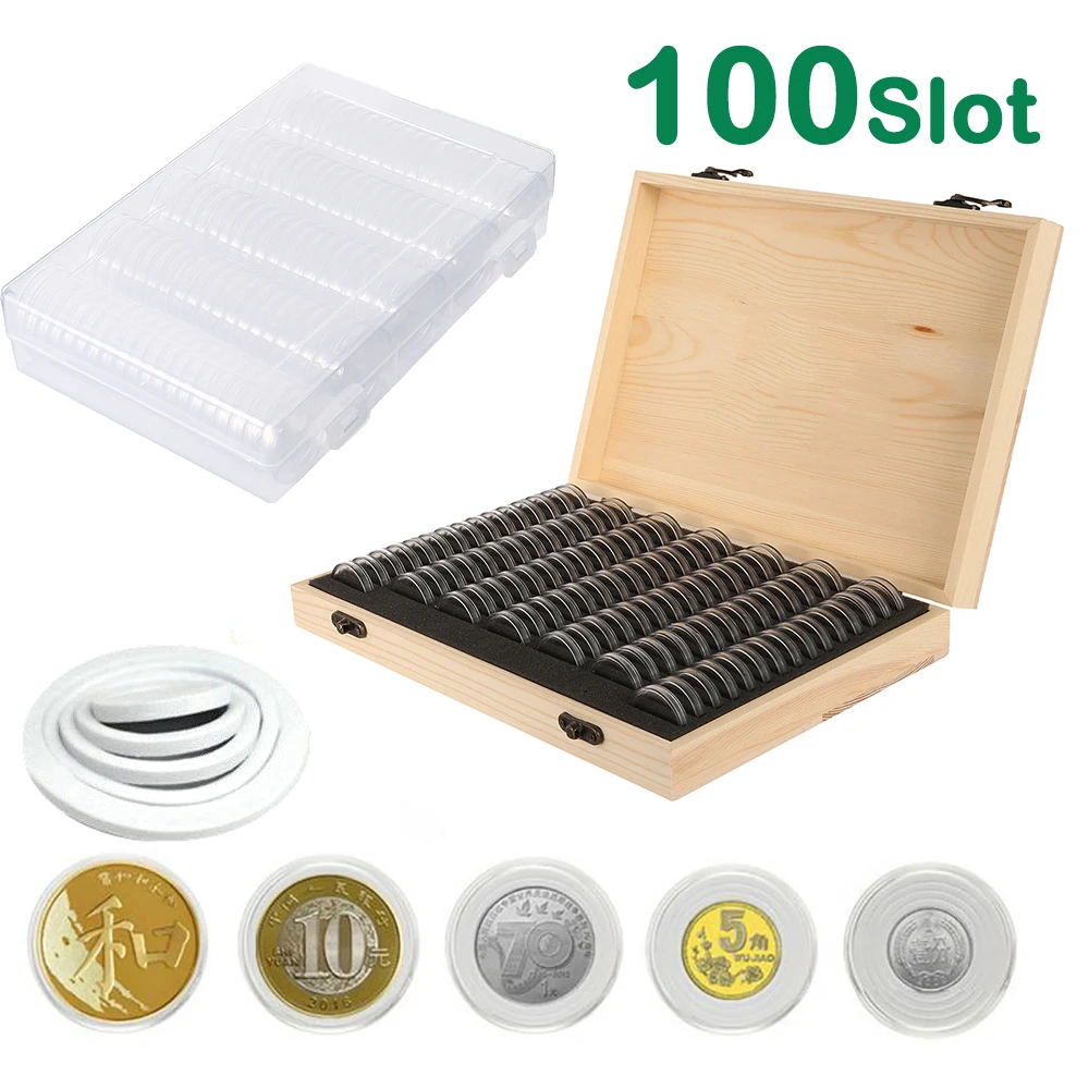 100Pcs 30mm Coin Storage Box Woden&Transparent Commemorative Collectable Coin Organizer Coinning Capsules Collection Supplies