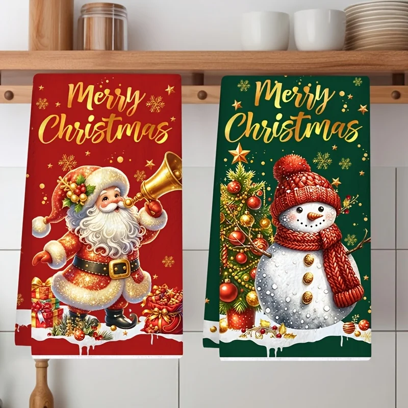 2-Pack of Christmas Kitchen Towels for Christmas Tree, Santa and Snowman Patterns - Soft Polyester Dishcloth with Sparkle Print