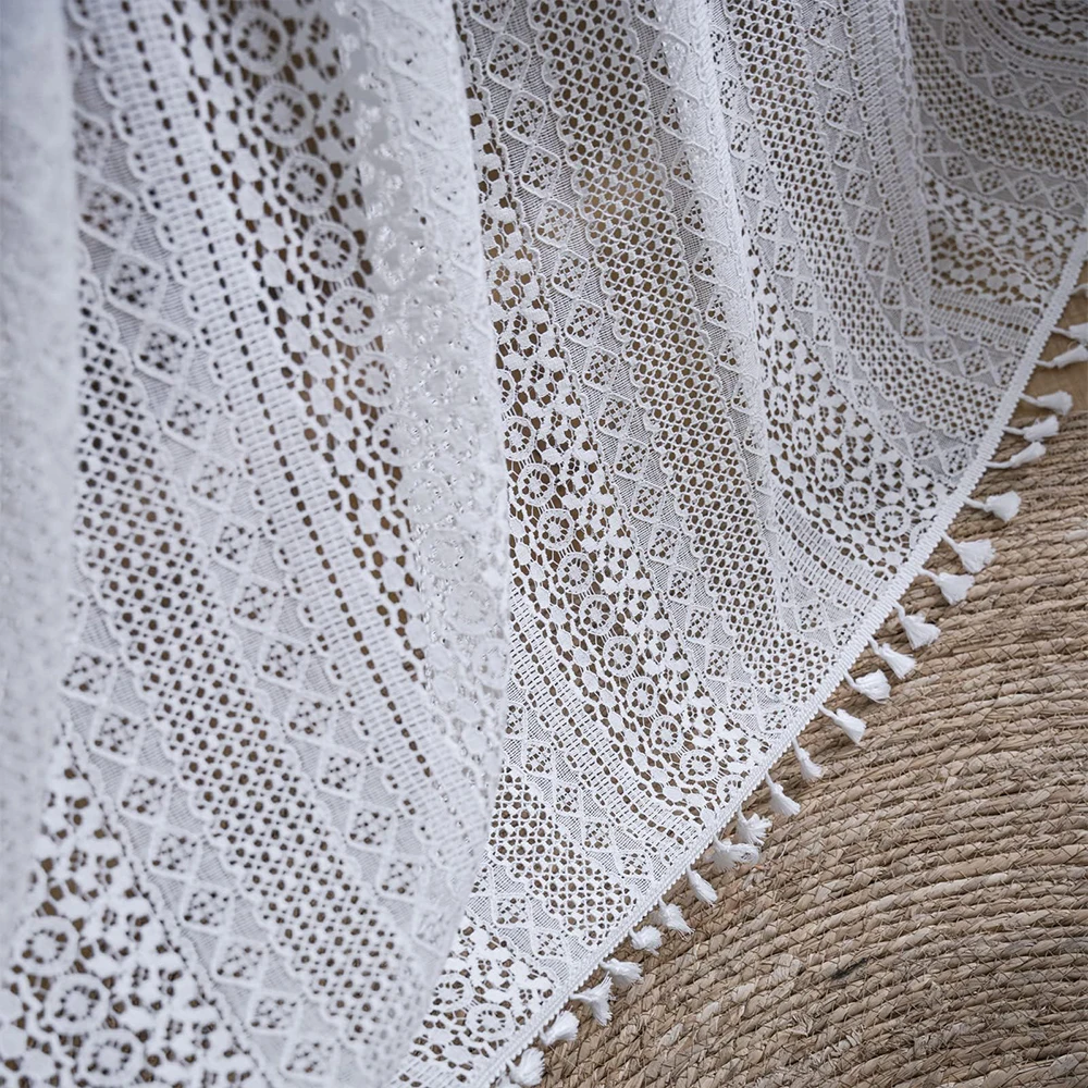 Boho Curtains Window Treatments Sheer Crochet Lace Vintage Drapes Pair Geometry Knitted Handmade Tassels Rod Pocket for Bedroom
