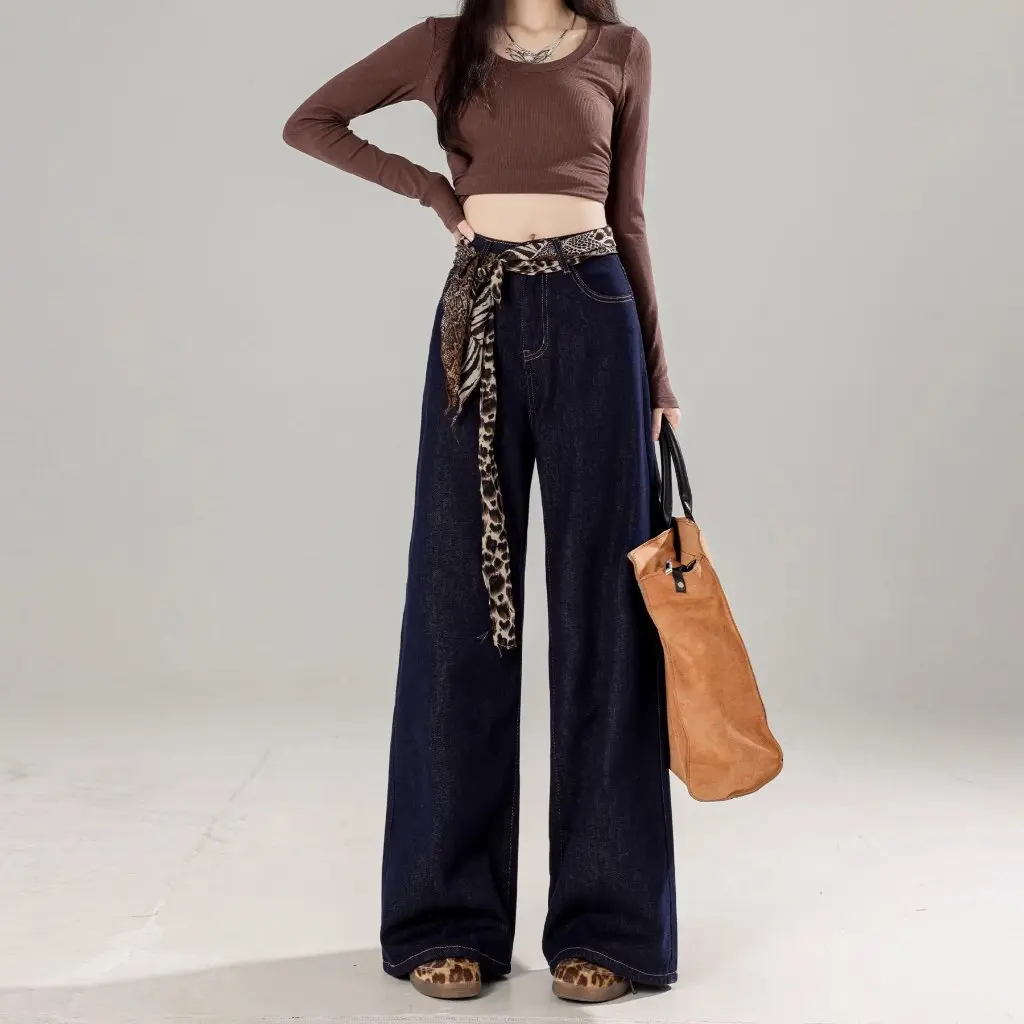 Damskie dżinsy Tannin w kolorze ciemnoniebieskim z szerokimi nogawkami, z wysokim stanem, o prostym kroju, luźne, zwiewne spodnie na wiosnę i jesień.