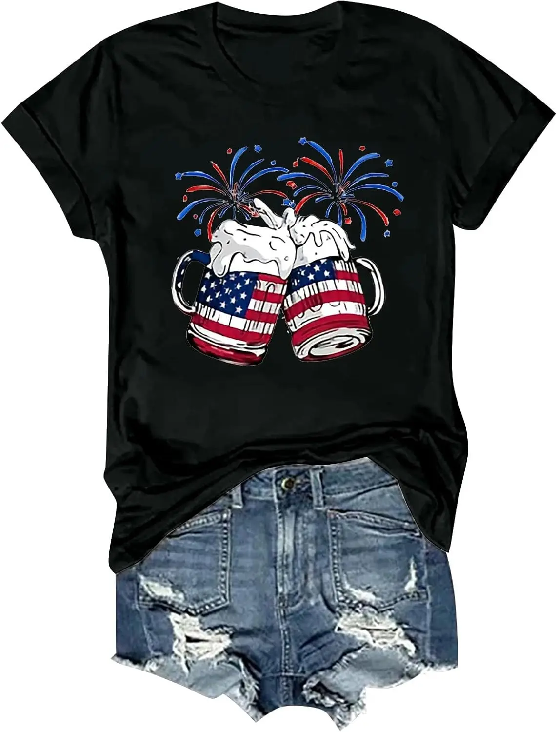 4th of July Patriotic Shirts for Women Funny Wine Glass Graphic Tshirt American Flag Crew Neck Tees Tops