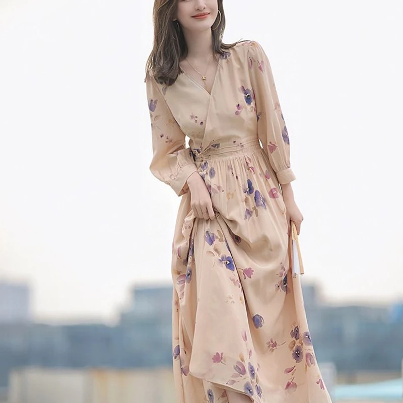 

Spring Autumn New V-neck Long Sleeve Midi Dress Women High Street Casual Printing Pleated Dresses Elegant High Waist Vestidos