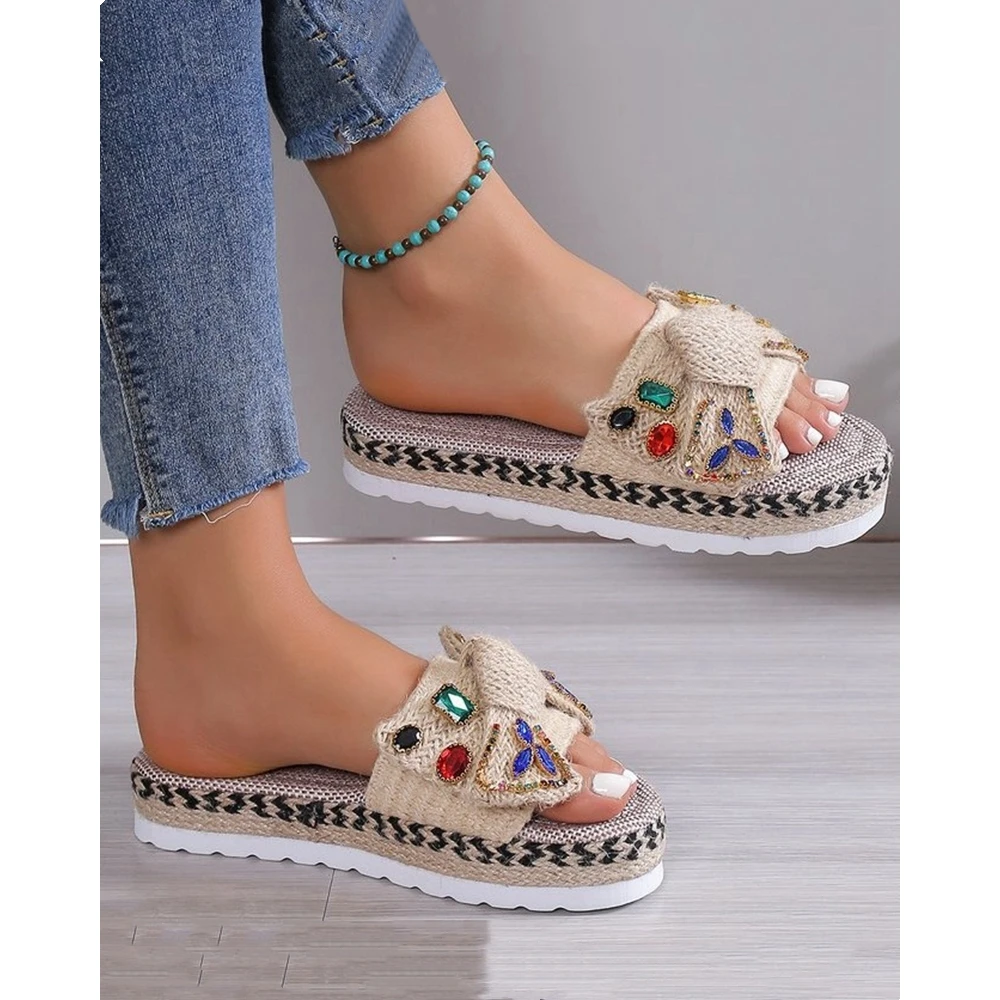 Women Bowknot Gem Stone Decor Wide Strap Ethnic Slippers Summer Vacation Flats Femme Casual Going Out Summer New Fashion Shoes