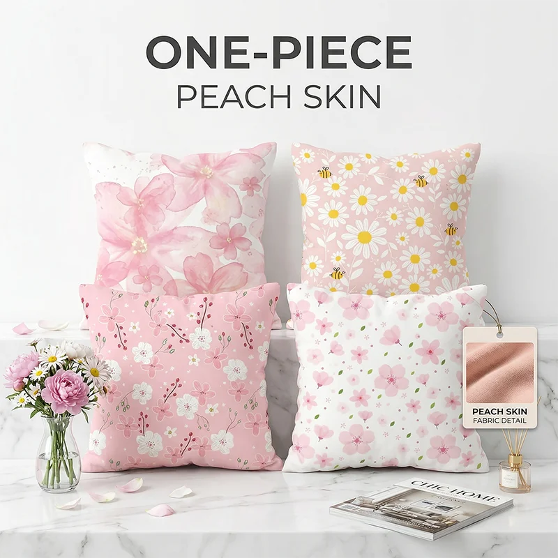 

Pink Cherry Blossom Cushion Cover Peach Skin Daisy Flower Pillowcase for Girls Room Decor Sofa Throw Pillow Case Kawaii Decor