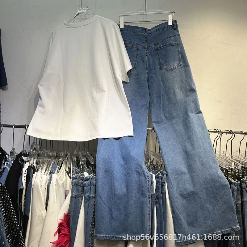 Spring Autumn Casual Women Two-piece Set 3d Flowers Diamonds Round Neck Short Short Sleeve T-shirt Top + High Waist Denim Pants