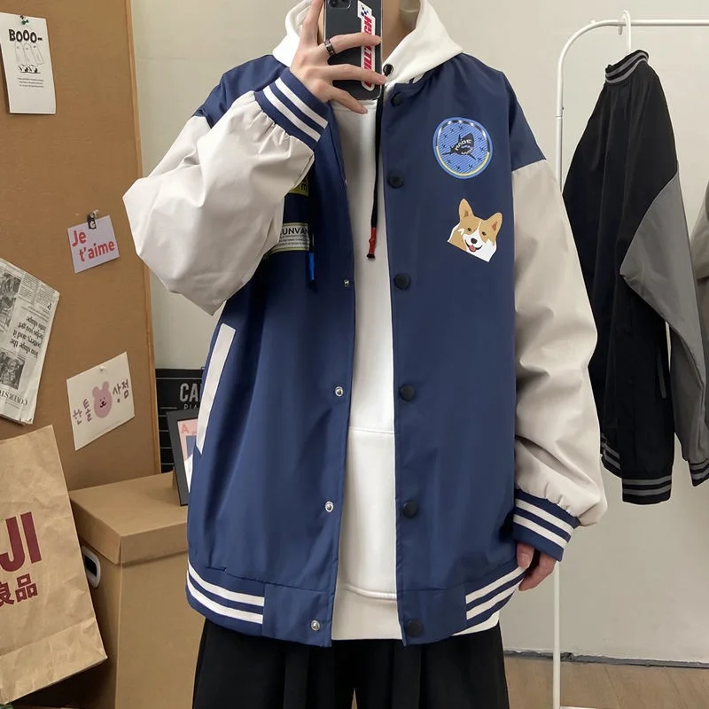 

Loose Casual Men's Baseball Jacket Autumn Winter Fashion Brand Color Block Hong Kong Style Loose Couple Matching Top