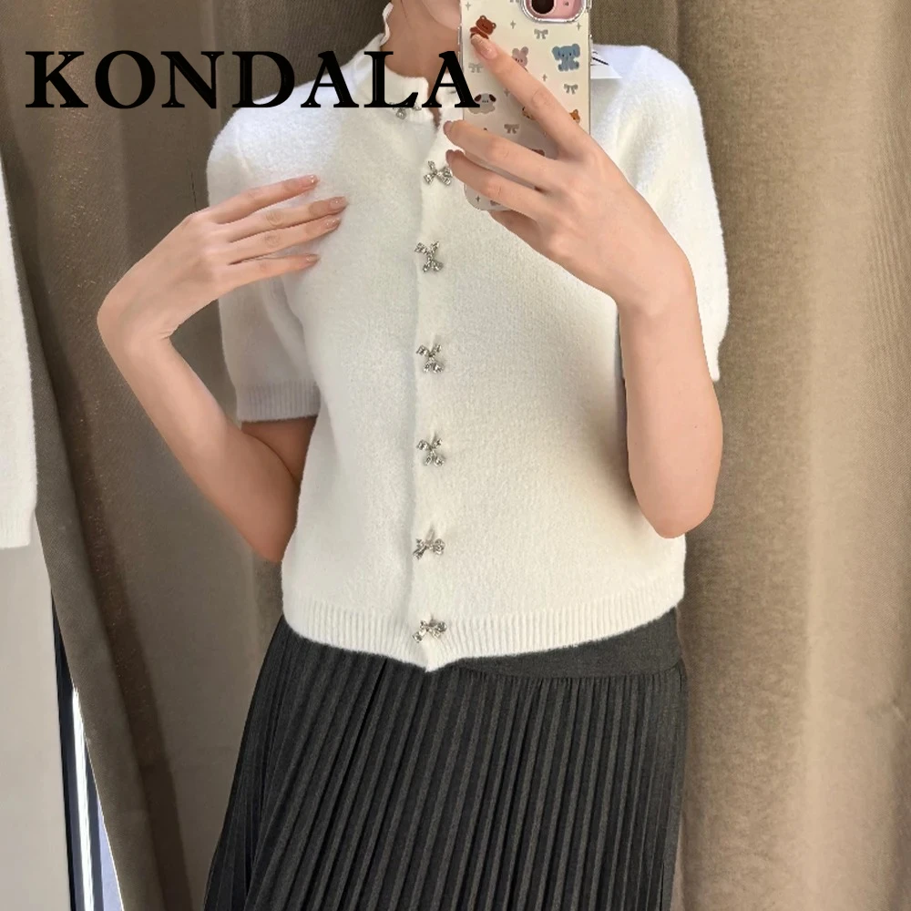 KONDALA Chic Winered Casual Woman Knitwear Fashion 2025 Spring Streetwear Short Sleeve Basics Vintage Sheath Bow Button Sweater