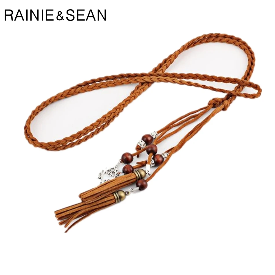 RAINIE SEAN Braided Belt For Women Pu Leather Ladies Belts For Dresses Tassel Beaded Boho Fashion Summer Belt Women 170cm