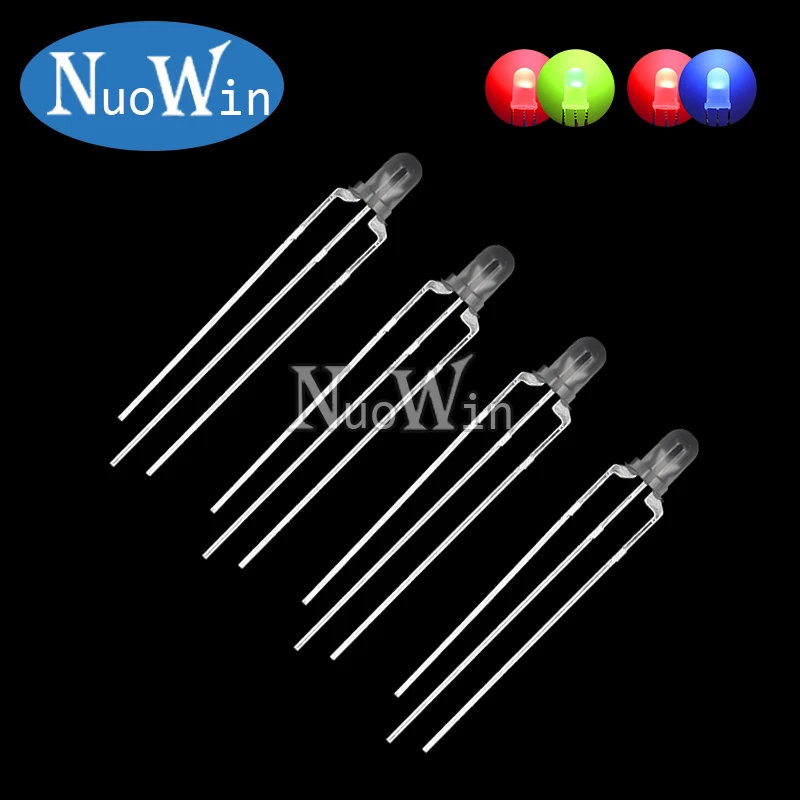 50pcs/lot 3MM Round Clear / Fog Two Colors Common Anode / Cathode LED Red & Green / Blue Bi-Color 3 Pins Light Emitting Diode