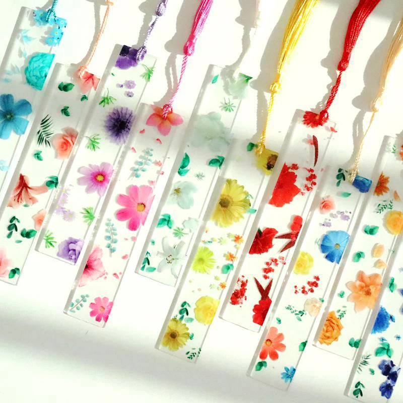 Transparent Acrylic Plastic Bookmarks Pretty Flowers Ruler Strip Cute Bookmarks School Student Mark Strips Girls Cute Index Tags