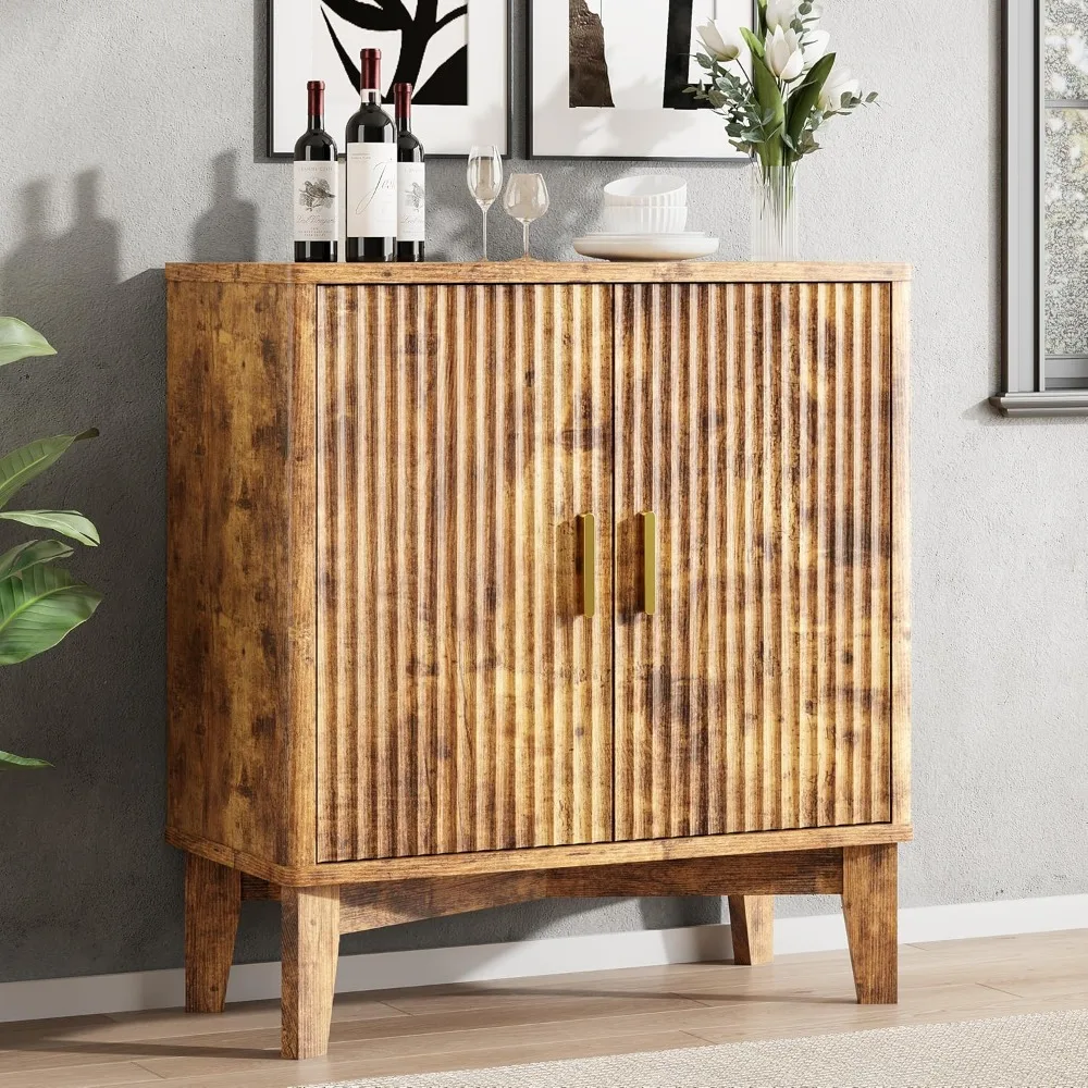 

Fluted Sideboard Buffet Cabinet with Storage, 30" Mid Century Modern Coffee Wine Bar with Adjustable Shelves, Small Wood Buffet